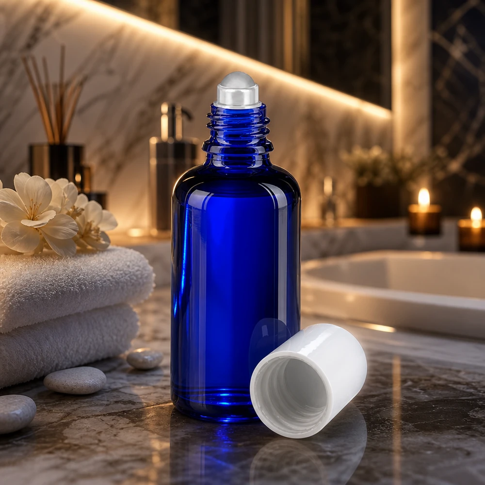 Flacone roll-on da 50 ml in blu cobalto con tappo in plastica bianca e sfera rotante in vetro, in stile spa