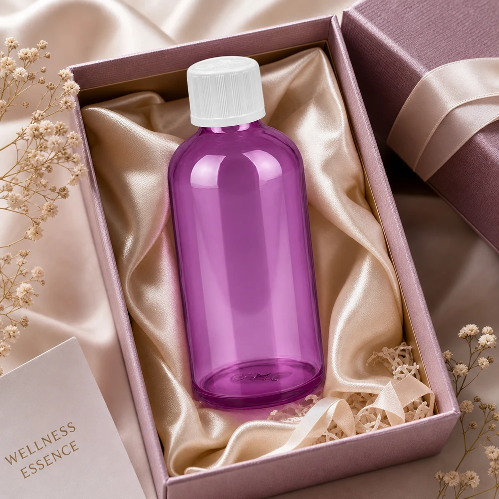 Elegante flacone da 100 ml in viola con tappo bianco opaco per cosmetici moderni