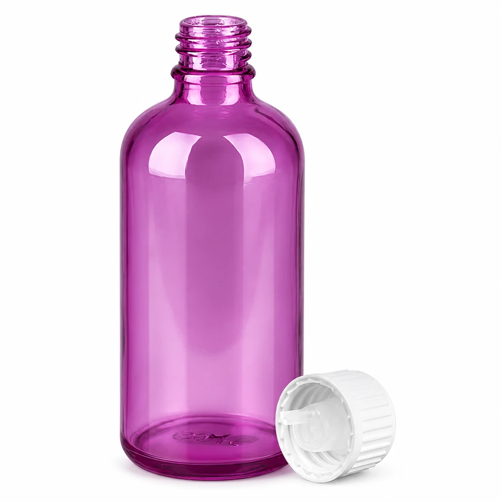Flacone contagocce viola da 100 ml con apertura di 0,9 mm, perfetto per porzionare con precisione le tinture.