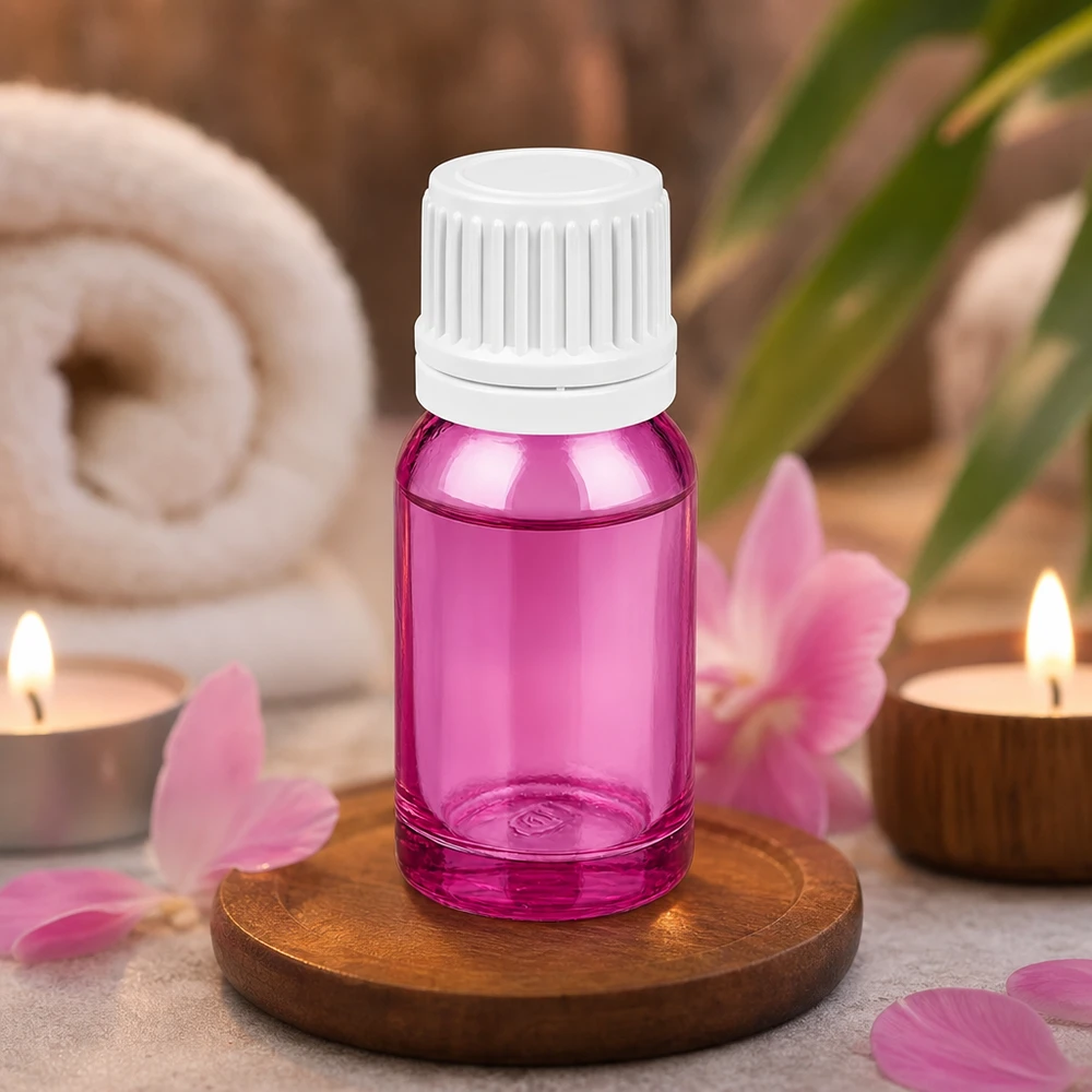 Elegante flacone in vetro viola da 10 ml con tappo a vite bianco per conservare le essenze con stile