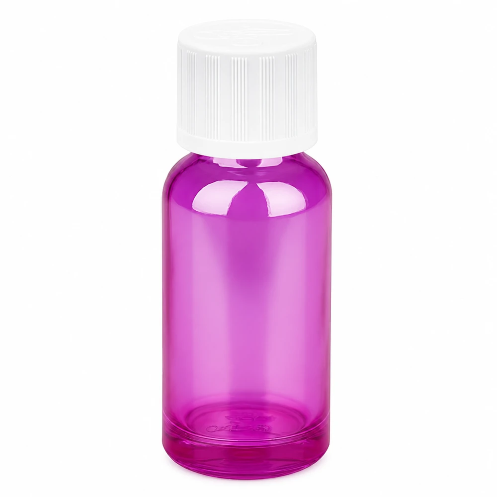 Flacone rotondo in vetro da 20 ml con design ergonomico e tappo di sicurezza in viola