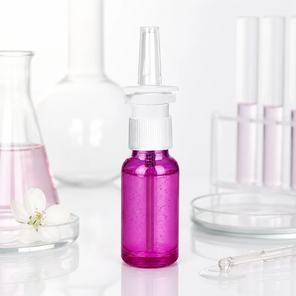 Flacone spray nasale da 20 ml bianco/trasparente standard PurpleLine. UT18/20 Flacone spray nasale viola da 20 ml con tappo a prova di perdite per una conservazione igienica