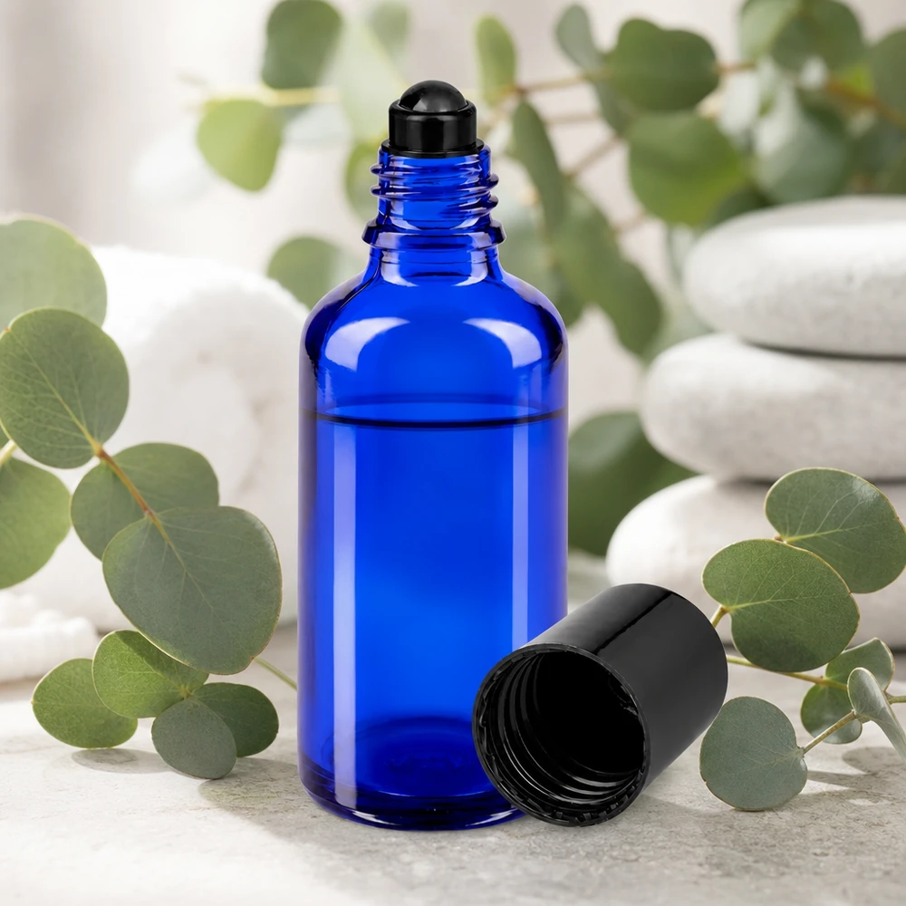 Flacone per deodorante stick in vetro blu 50 ml, roll-on vuoto Flacone roll-on da 50 ml di colore blu cobalto, opaco, realizzato in vetro con protezione UV, con applicatore a sfera nero