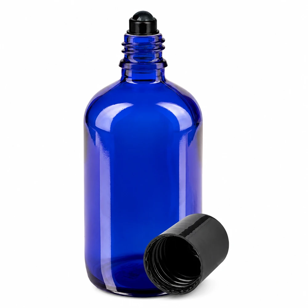 Flacone roll-on blu da 100 ml in vetro da farmacia con tappo a sfera nero