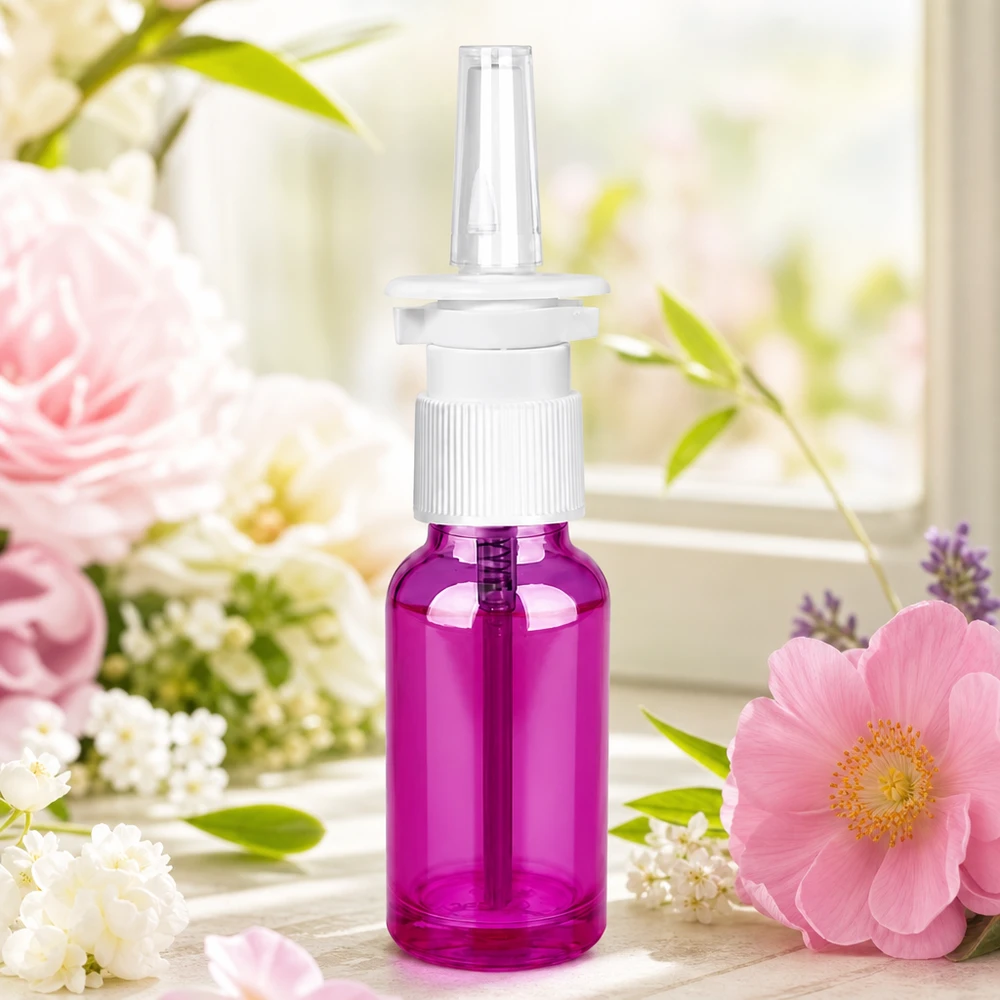Flacone viola da 20 ml con pompa spray e attacco UT18/20 per soluzioni farmaceutiche