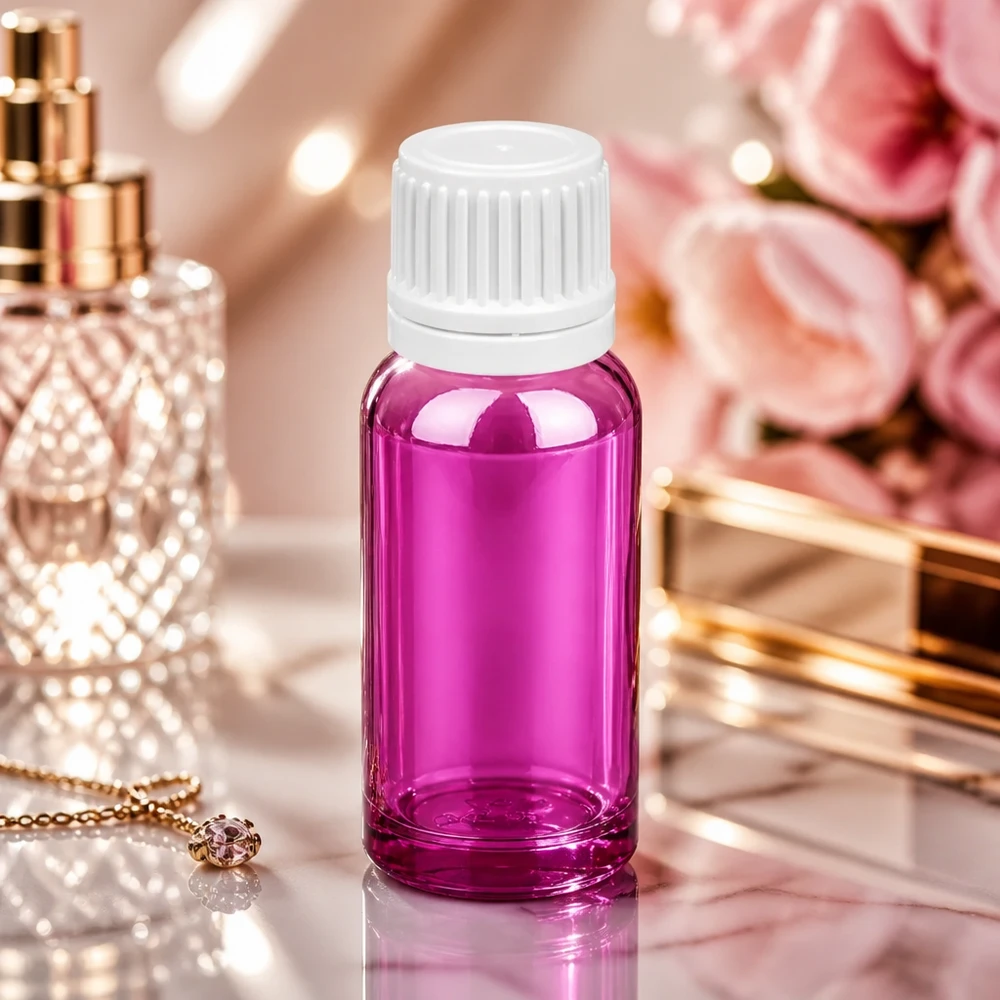 Flacone per farmacia da 20 ml in elegante viola con tappo a vite bianco a prova di bambino