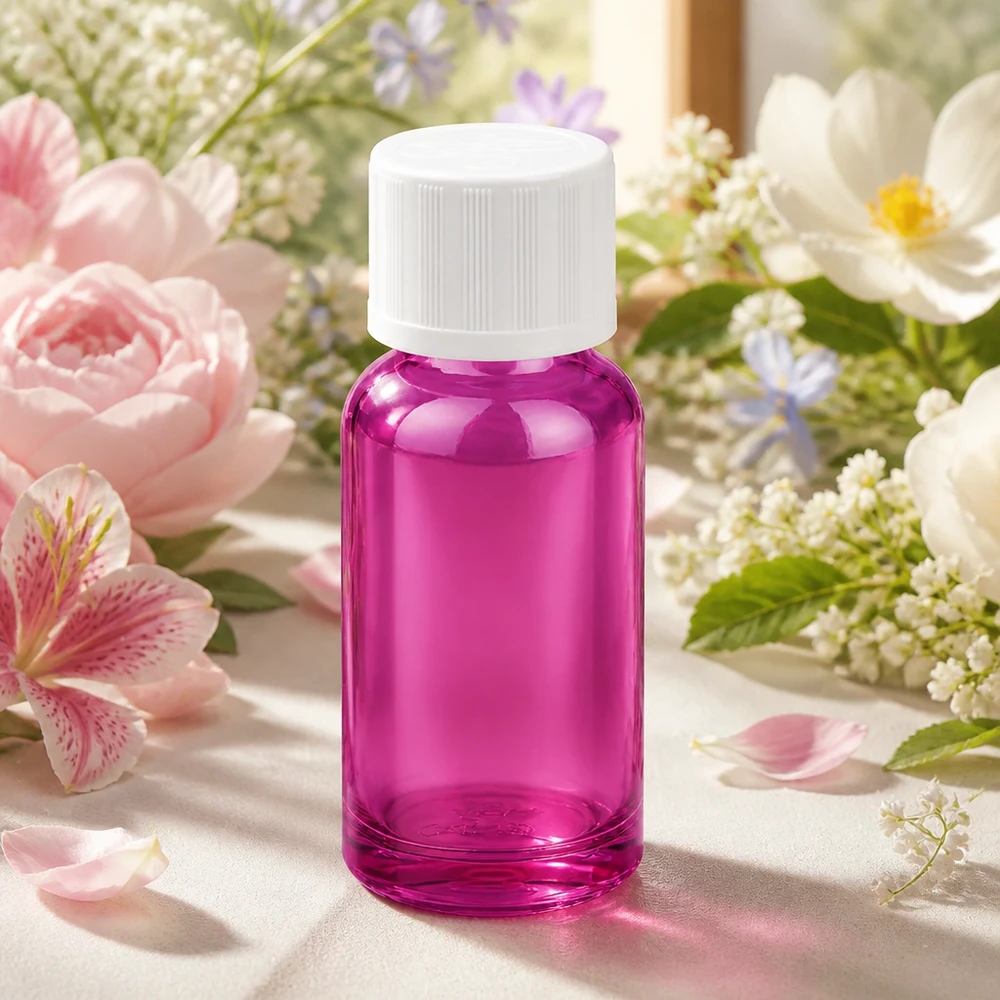 Flacone in vetro viola da 20 ml con tappo in plastica bianca, ideale per i viaggi e gli spostamenti.