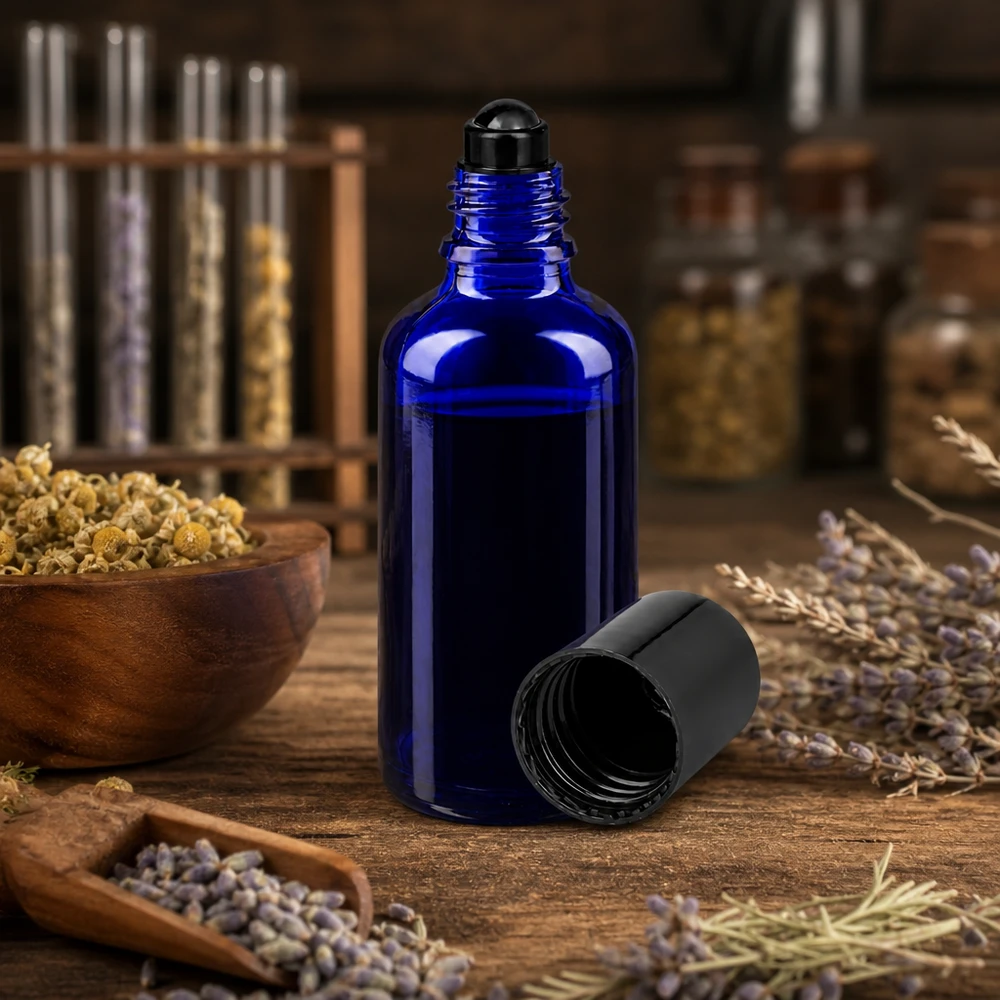 Flacone per deodorante stick in vetro blu 50 ml, roll-on vuoto Flacone roll-on da 50 ml blu cobalto con applicatore a sfera nero, tra erbe essiccate e lavanda