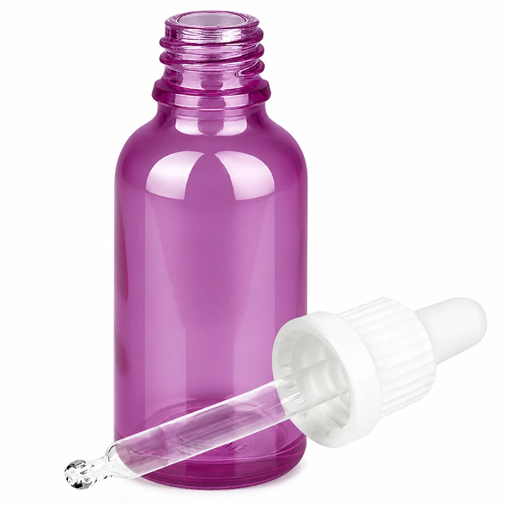 Flacone di alta qualità da 30 ml di colore viola trasparente con tappo per pipetta bianco con filettatura UT18