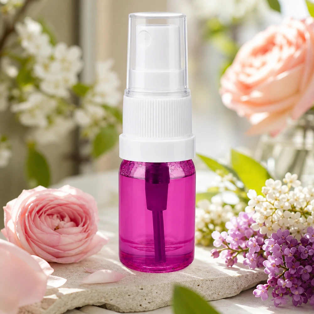 Flacone spray da 5 ml bianco/trasparente Standard PurpleLine UT18/5 Elegante flacone spray da 5 ml in look viola con meccanismo di spruzzatura bianco per campioni cosmetici