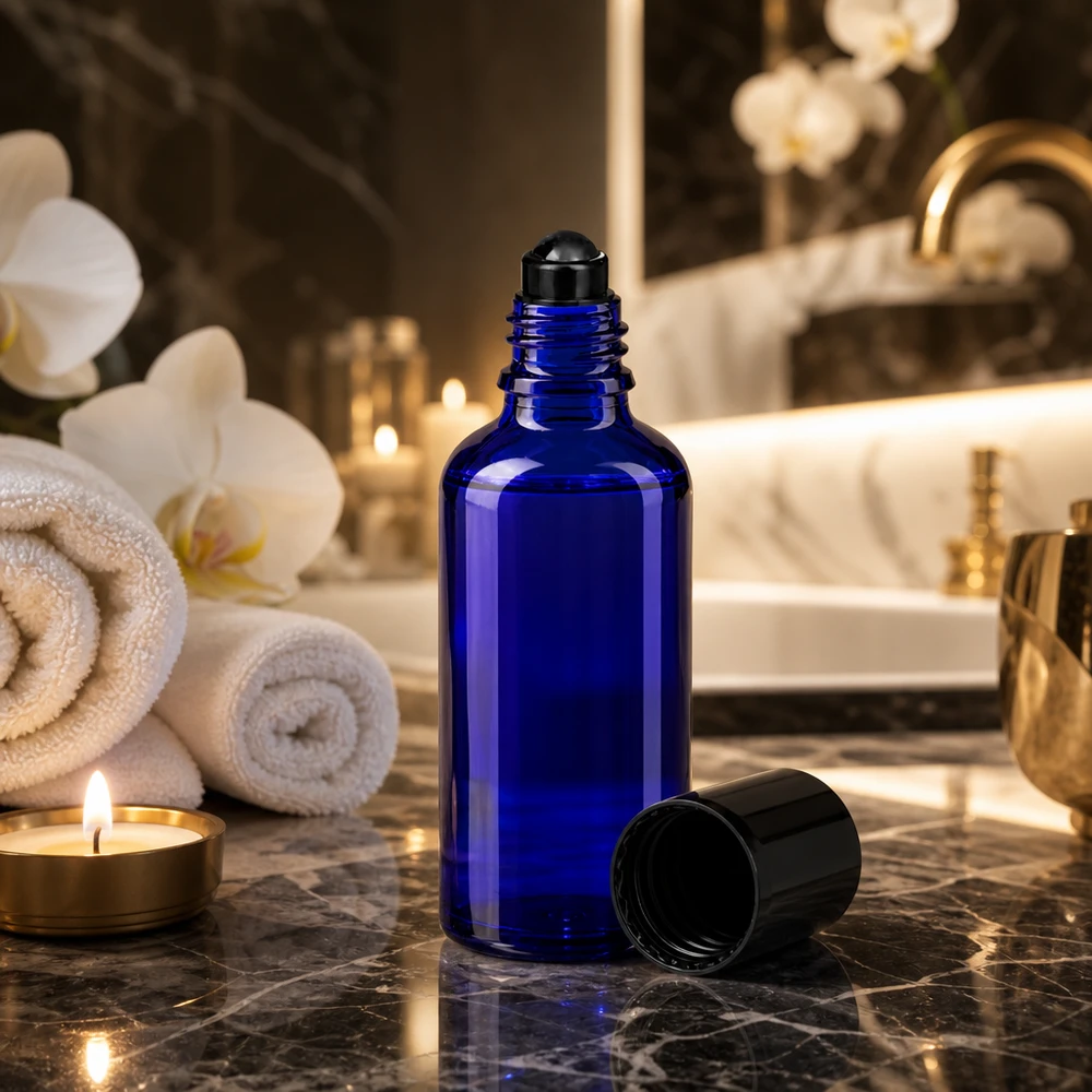 Flacone blu in vetro da farmacia da 50 ml con applicatore roll-on in un lussuoso ambiente da bagno