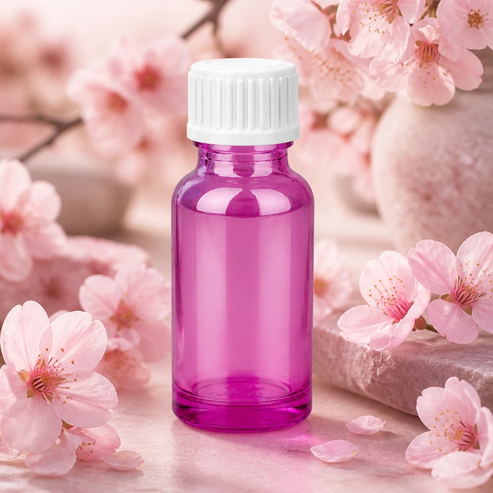 Flacone da 20 ml (globuli) con anello di versamento bianco standard PurpleLine.UT18/20 Flacone in vetro da 20 ml resistente agli agenti chimici, di colore viola, con filettatura a prova di perdite