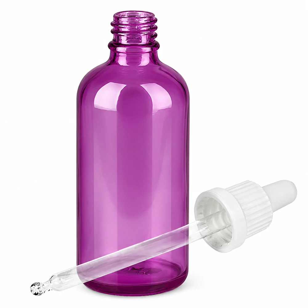 Flacone ovale in vetro da 100 ml di colore viola con pipetta bianca per un'applicazione precisa