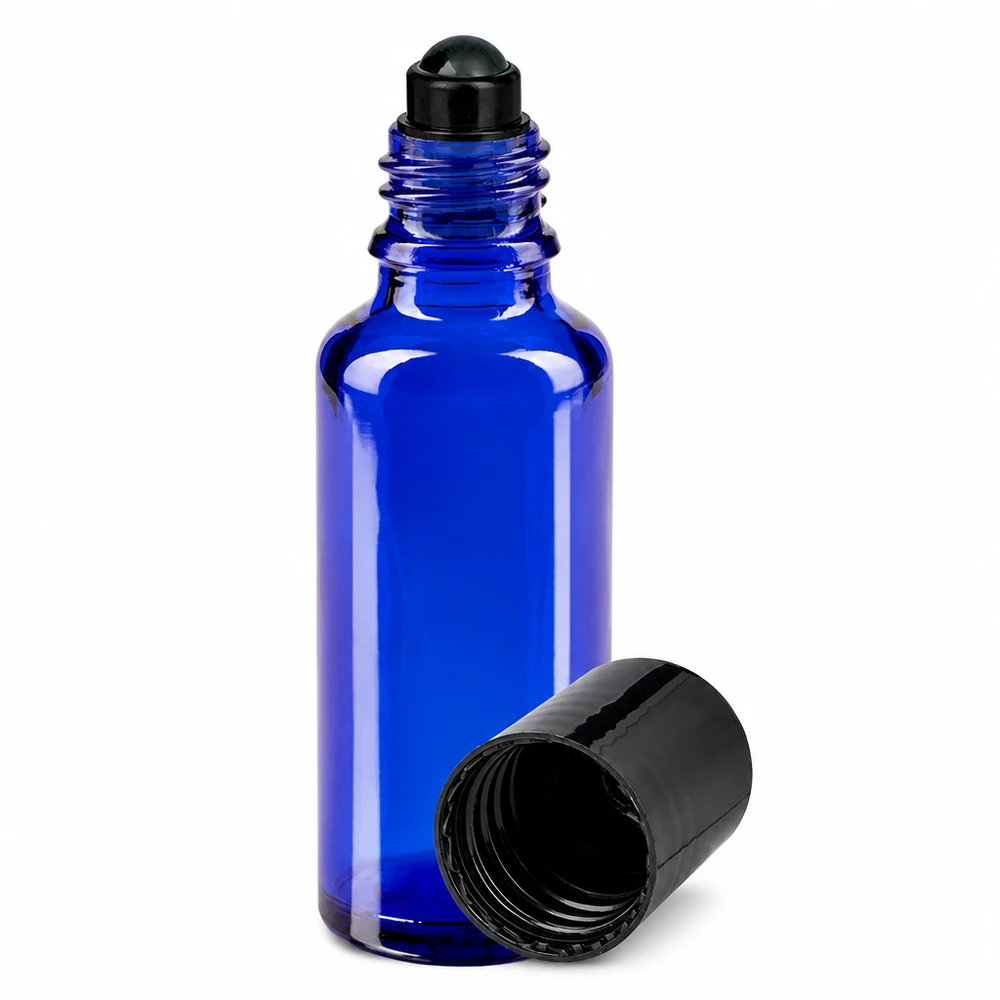Flacone in vetro blu da 30 ml con applicatore roll-on nero e tappo a vite per oli essenziali
