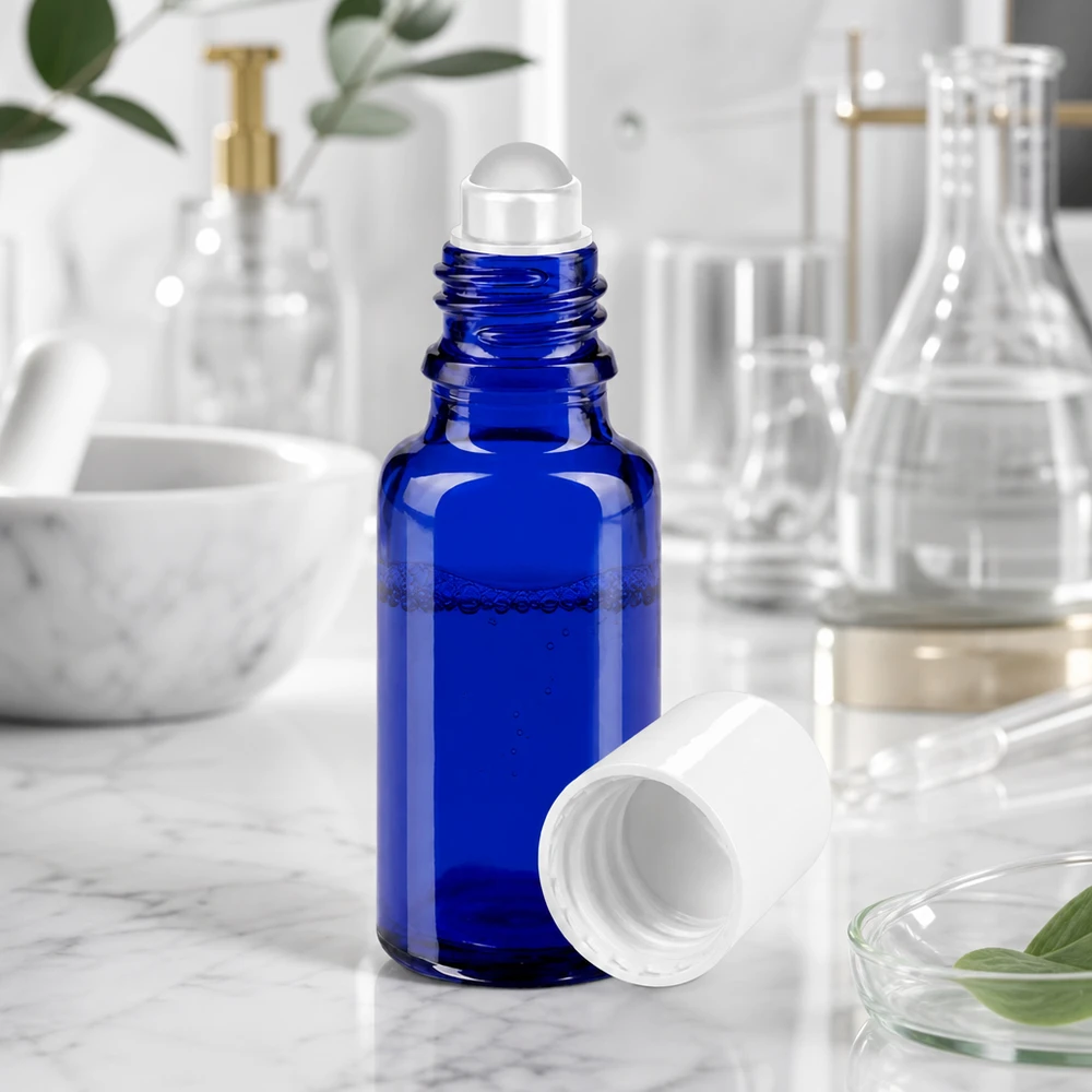 Flacone roll-on da 20 ml aperto, in vetro da farmacia blu con sfera trasparente su fondo marmorizzato