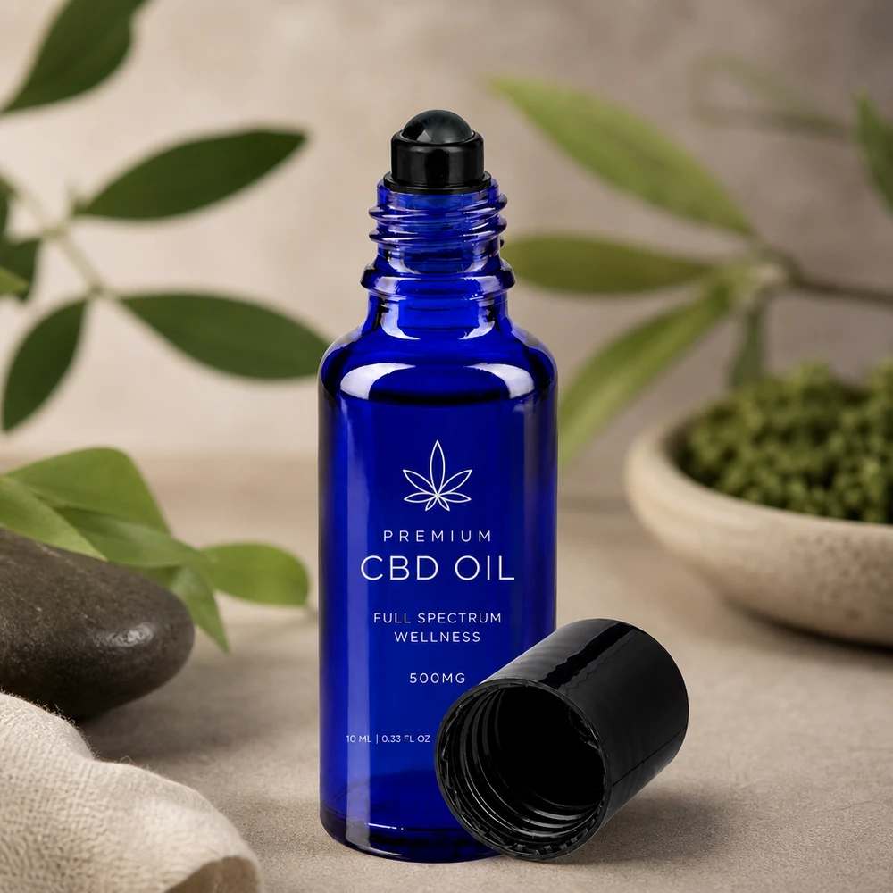 Flacone roll-on da 10 ml in vetro da farmacia, di colore blu cobalto, con sfera rotante nera per olio al CBD