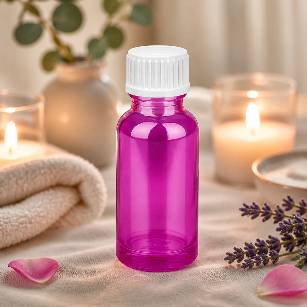 Flacone da 20 ml (globuli) con anello di versamento bianco standard PurpleLine.UT18/20 Elegante flacone da 20 ml in vetro colorato viola per prodotti di bellezza di alta qualità