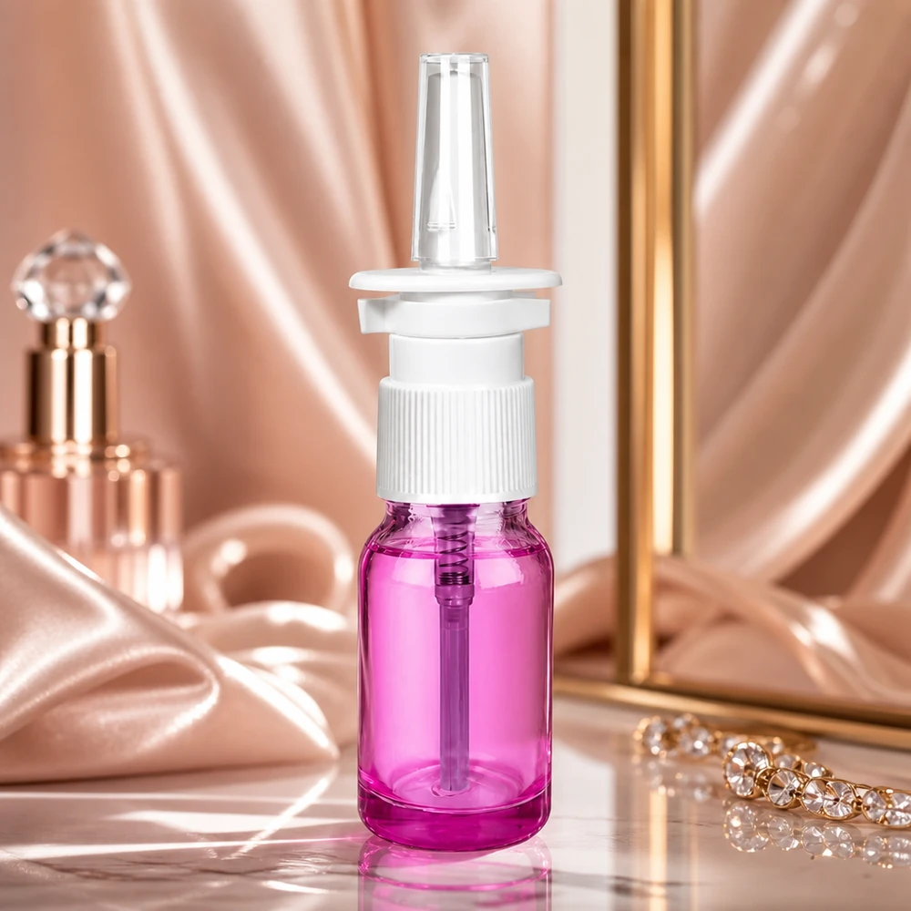 Robusto flacone per spray nasale in vetro da 10 ml in colore viola chiaro con resistente sistema di chiusura UT18/10