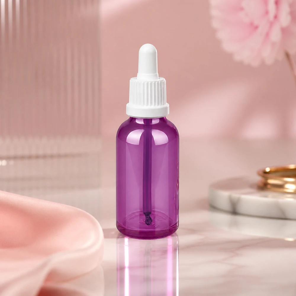 Bottiglia per pipette da 30 ml in vetro viola con tappo bianco per la conservazione igienica del prodotto
