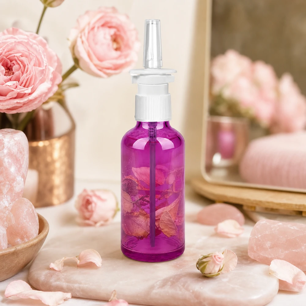 Flacone spray nasale da 50 ml, resistente e di colore viola, con protezione UV per le sostanze sensibili alla luce.