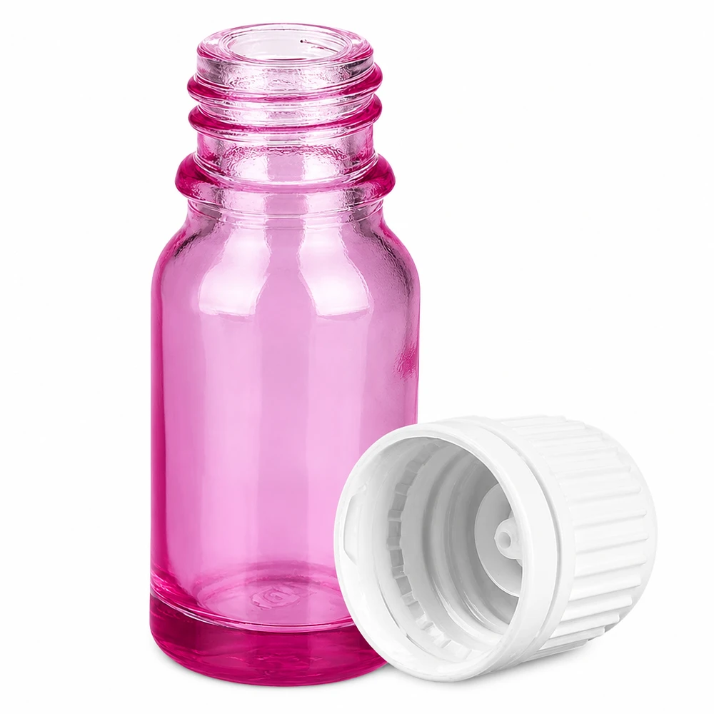 Mini flacone in vetro da 10 ml con protezione UV grazie alla tinta viola e al tappo bianco stretto