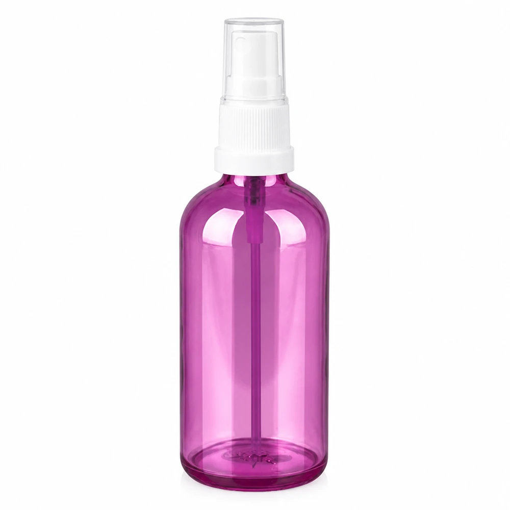 Flacone spray piccolo da 100 ml di colore viola con preciso spruzzatore a pompa bianco