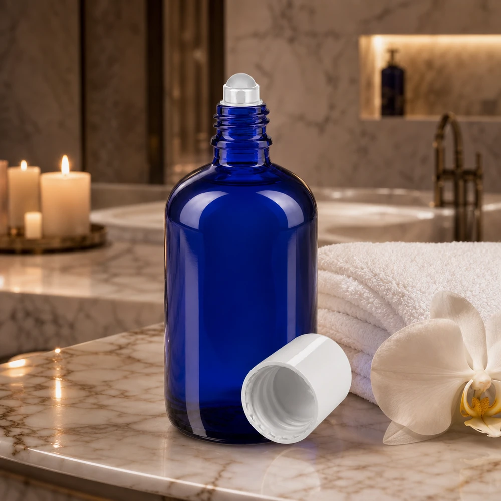 Elegante flacone da farmacia blu da 100 ml con applicatore a rotella accanto ad asciugamani bianchi e un'orchidea