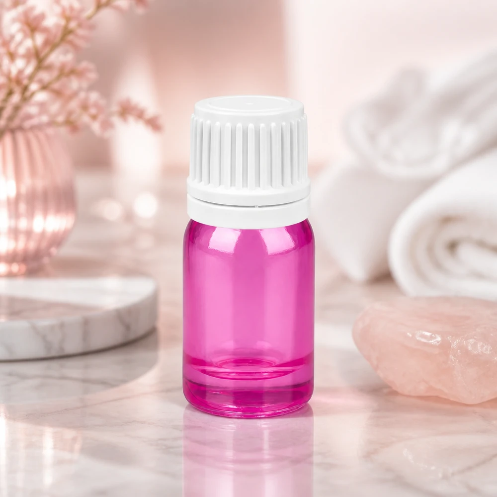 Flacone in vetro trasparente viola da 5 ml con tappo scanalato per una maggiore maneggevolezza.