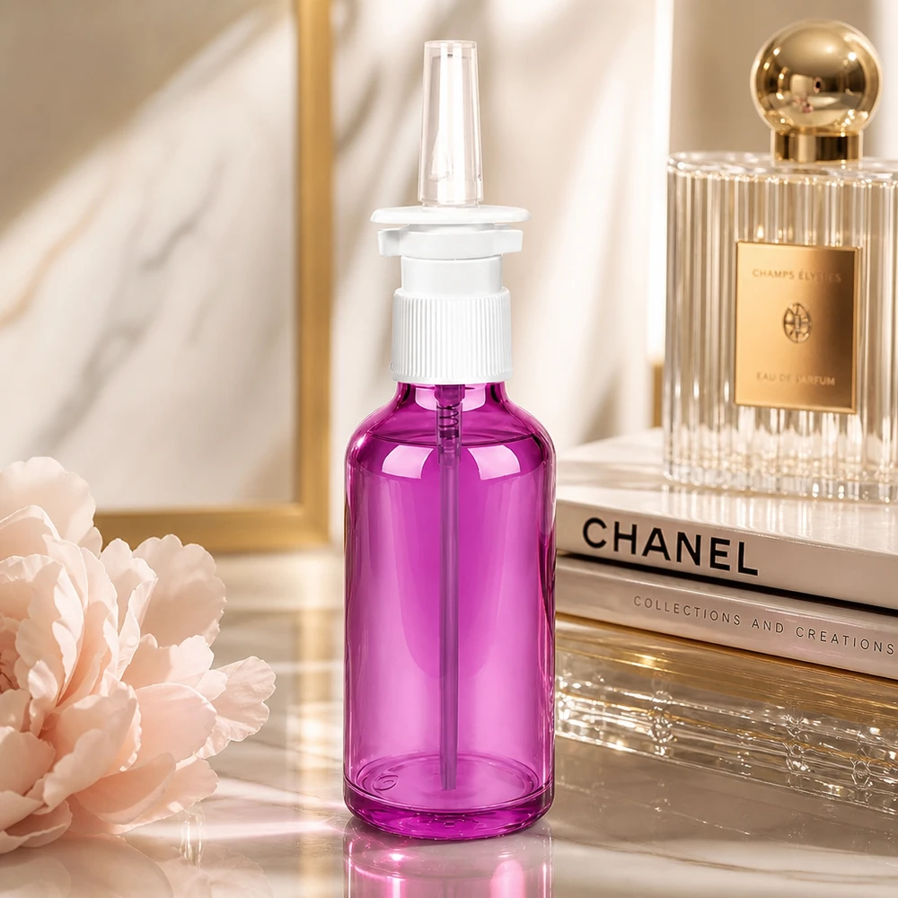 Flacone spray nasale viola da 50 ml con tappo igienico per la conservazione sterile dei principi attivi