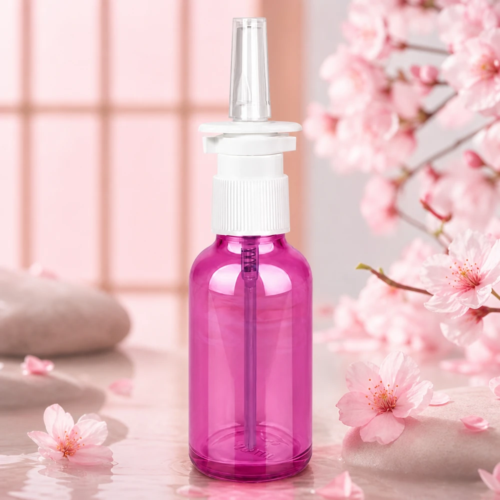 Flacone spray nasale da 30 ml bianco/trasparente standard PurpleLine. UT18/30 Pratico flacone in plastica da 30 ml in colore viola trasparente con attacco spray standard per farmaci liquidi
