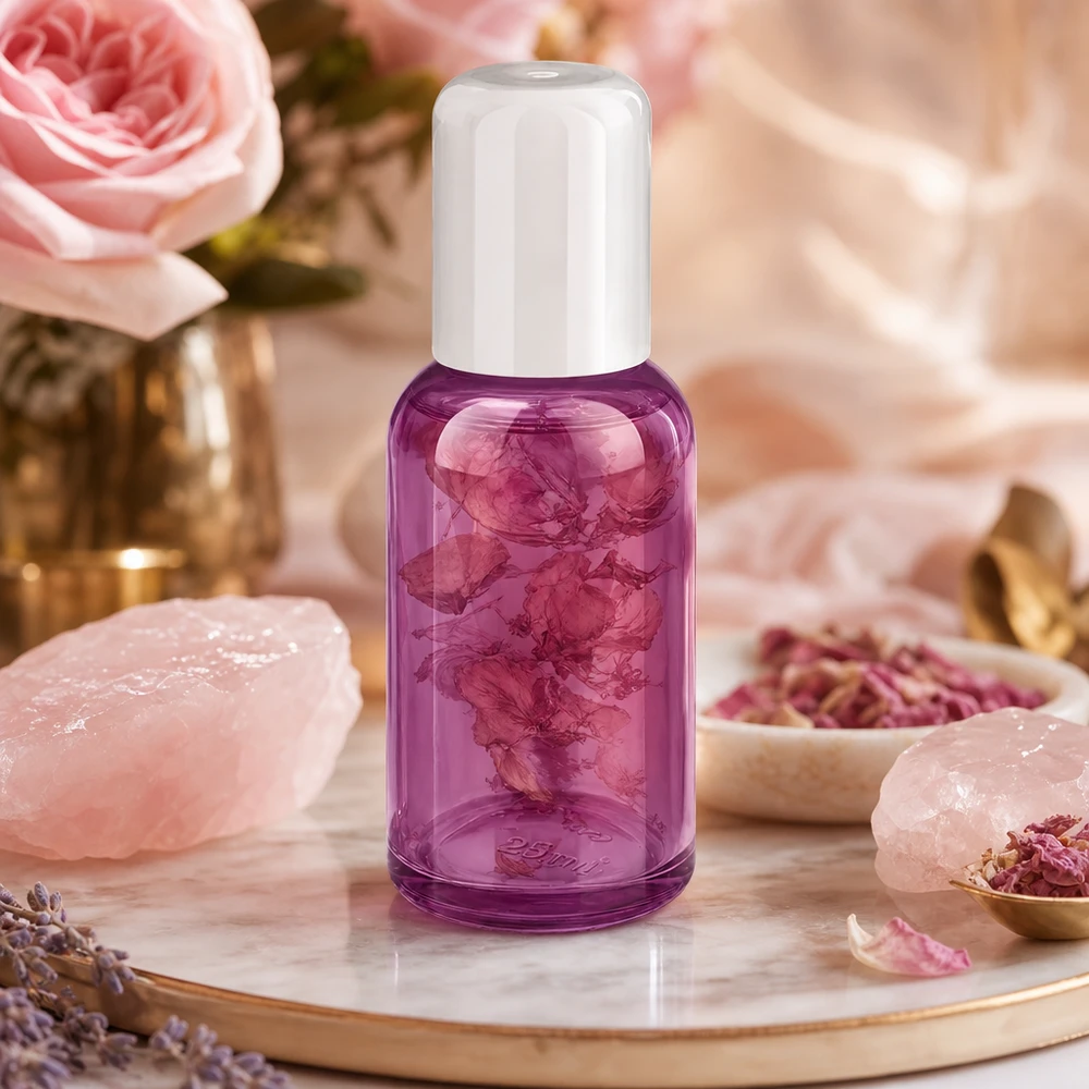 Flacone in vetro da 30 ml con sistema roll-on in elegante colore viola per la cosmesi e il benessere fai da te
