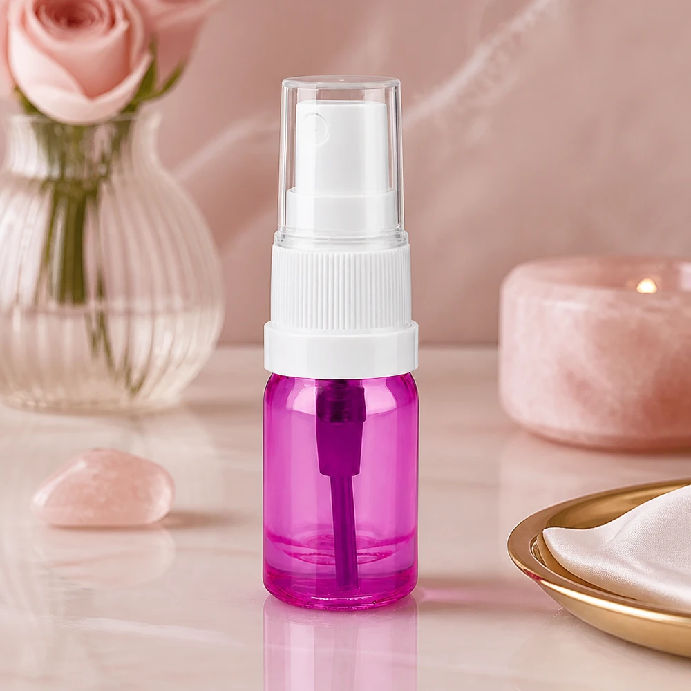 Flacone spray miniaturizzato viola premium da 5 ml con meccanismo di spruzzatura bianco di alta qualità