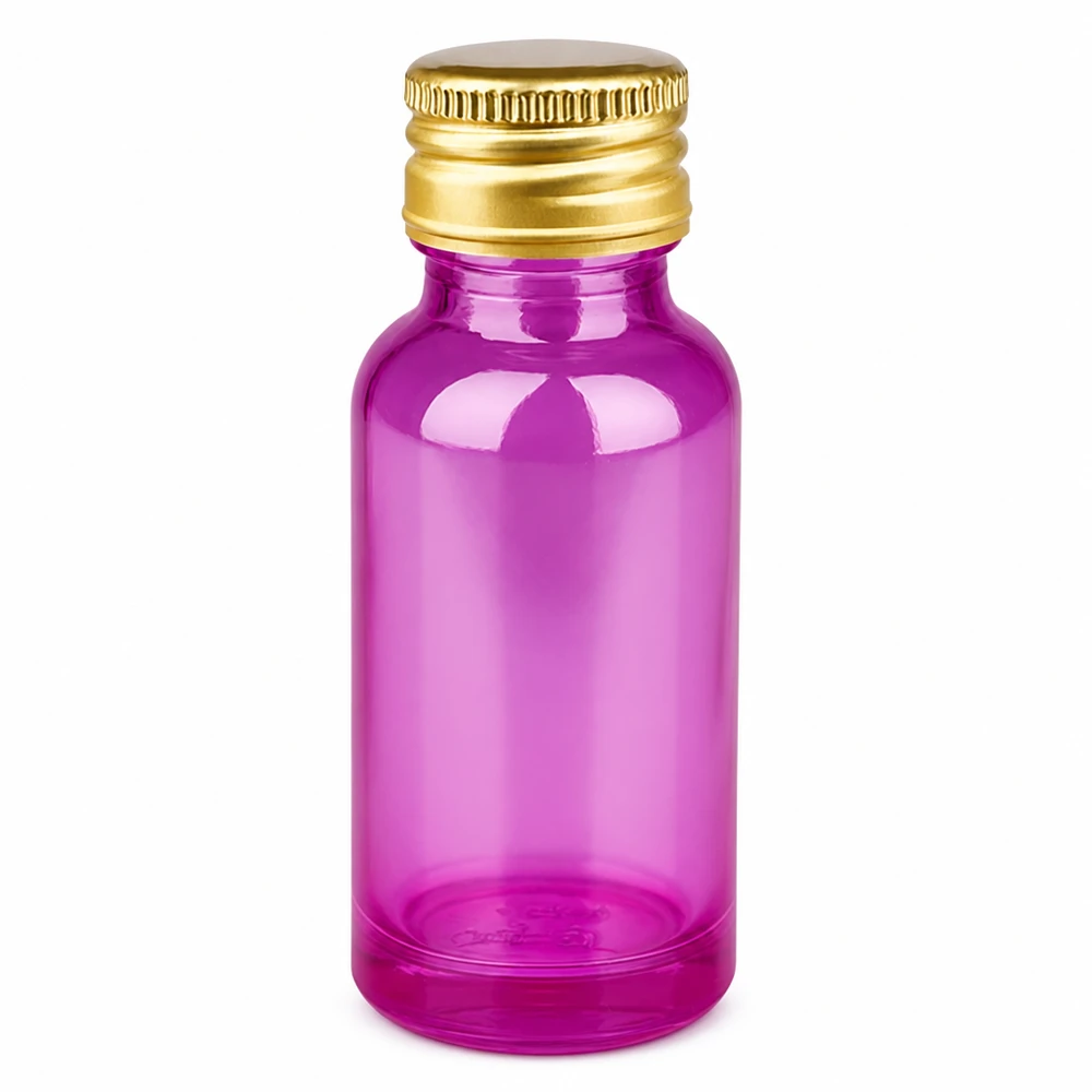Bottiglia in vetro viola da 20 millilitri di volume, formato compatto con tappo in metallo