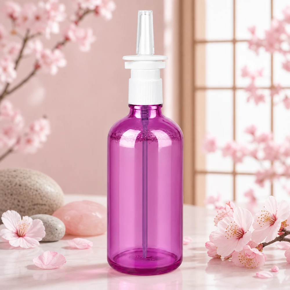 Flacone spray nasale viola da 100 ml, facile da usare, con comoda maneggevolezza e chiusura sicura.