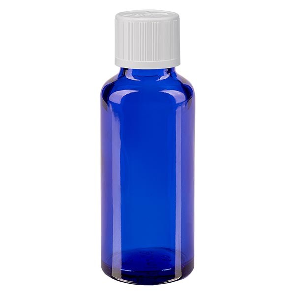 Flacone da farmacia 30 ml colore blu con tappo contagocce standard colore bianco, dispositivo di blocco per i bambini