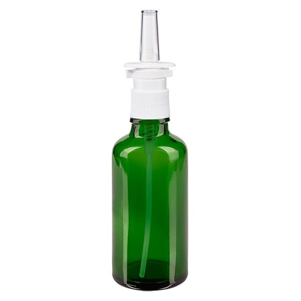 Flacone in vetro verde 50 ml con spray nasale colore bianco