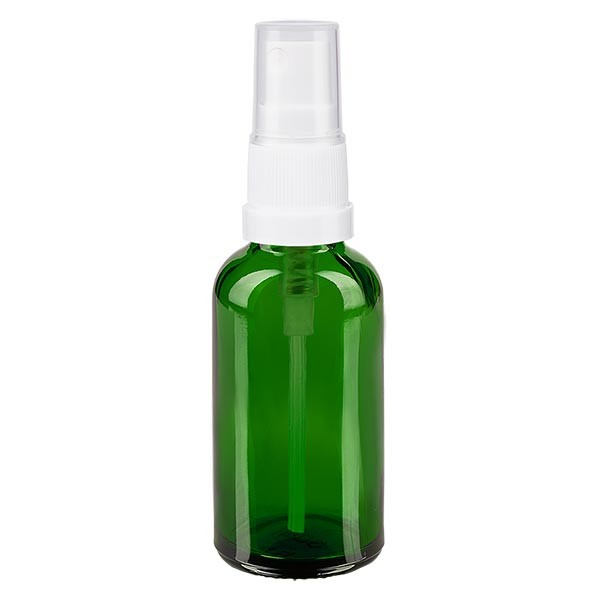 Flacone in vetro verde 30 ml con nebulizzatore a pompa colore bianco