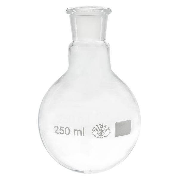 Matracci a fondo tondo 250 ml in borosilicato, con collo largo e smerigliatura normalizzata 29/32