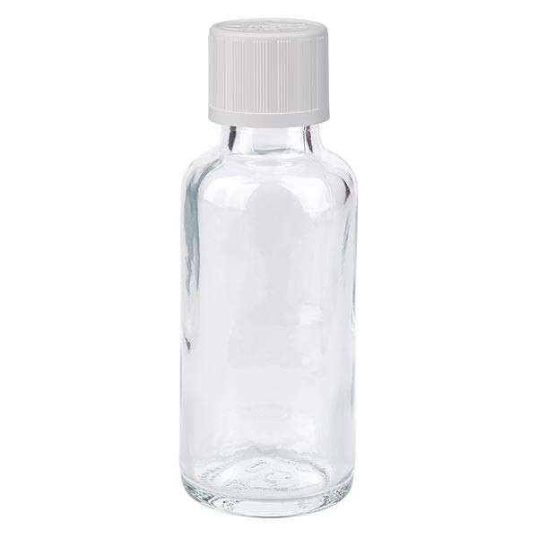 Flacone da farmacia 30 ml trasparente con tappo contagocce colore bianco, dispositivo di blocco per i bambini