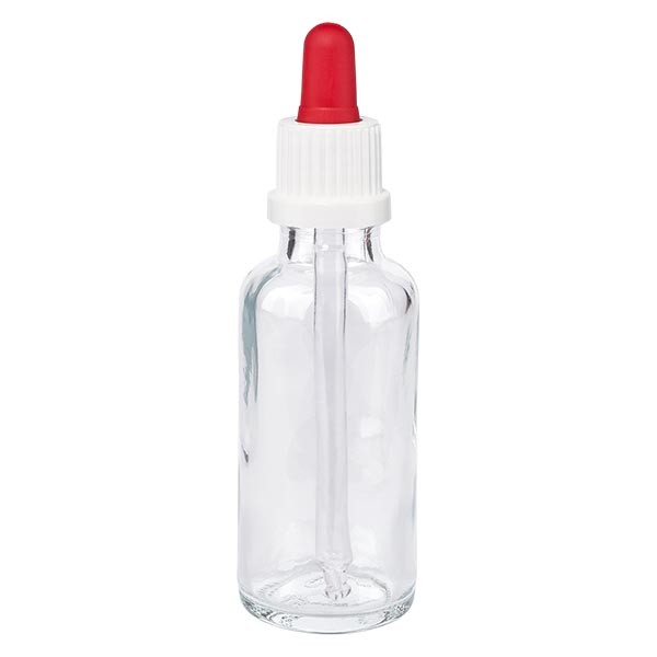 Flacone con pipetta trasparente 30 ml, pipetta antimanomissione colore bianco/rosso
