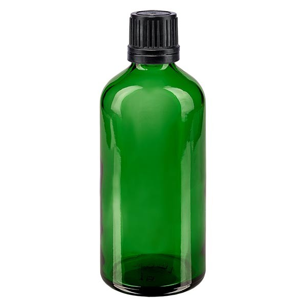 Flacone da farmacia 100 ml colore verde con tappo a vite anello salvagoccia antimanomissione colore nero