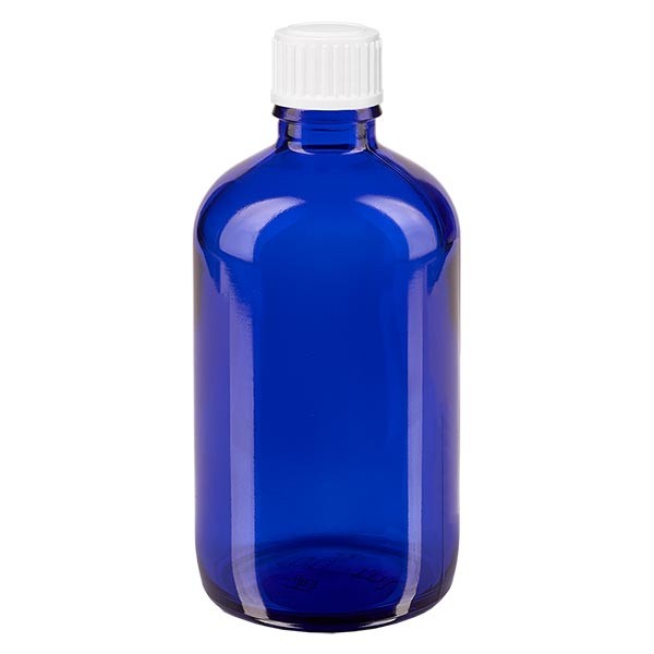 Flacone da farmacia 100 ml colore blu con tappo a vite standard colore bianco