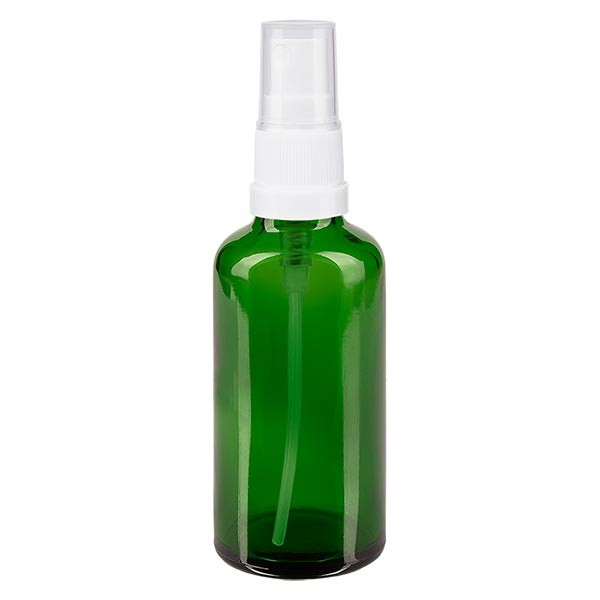 Flacone in vetro verde 50 ml con nebulizzatore a pompa colore bianco