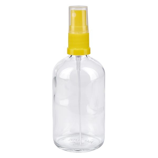 Flacone da farmacia 100 ml trasparente con inserto spray standard colore giallo