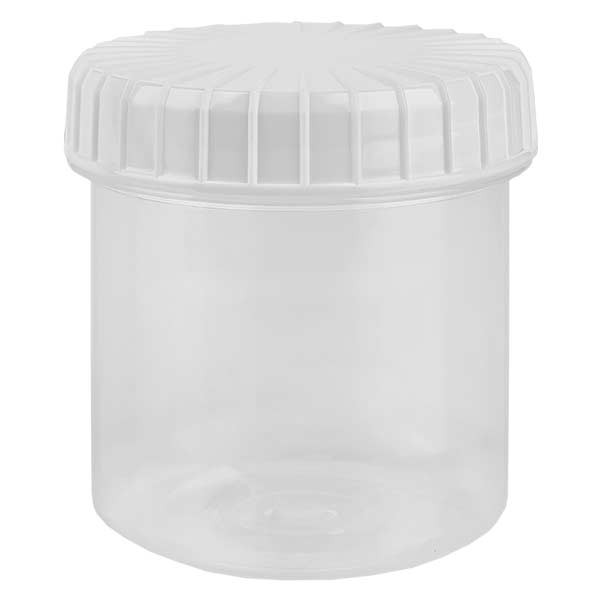 Barattolo in plastica 75 ml trasparente con tappo a vite scanalato di colore bianco in PE, tipo di chiusura standard