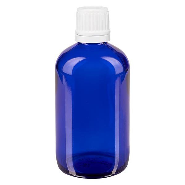 Flacone da farmacia 100 ml colore blu con tappo contagocce 1,2 mm antimanomissione colore bianco