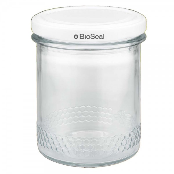 Vasetto per miele da 560 g con capsula bianca BioSeal UNiTWIST