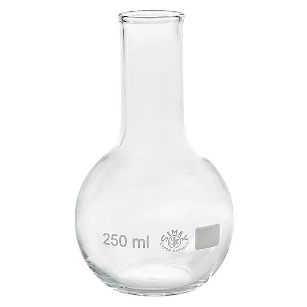 Matraccio a fondo piatto 250 ml in borosilicato, con collo stretto e bordo svasato