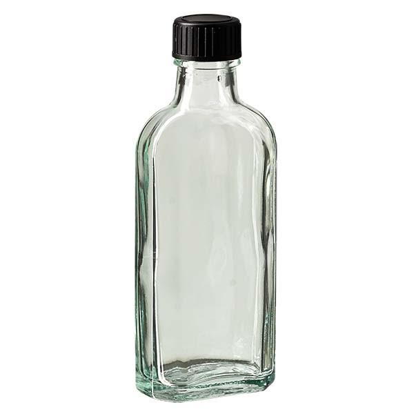 Bottiglia Meplat 100 ml colore bianco con imboccatura DIN 22, tappo a vite  DIN 22 colore nero in LKD, bottiglie in vetro Meplat bianco, Bottiglie in  vetro Meplat