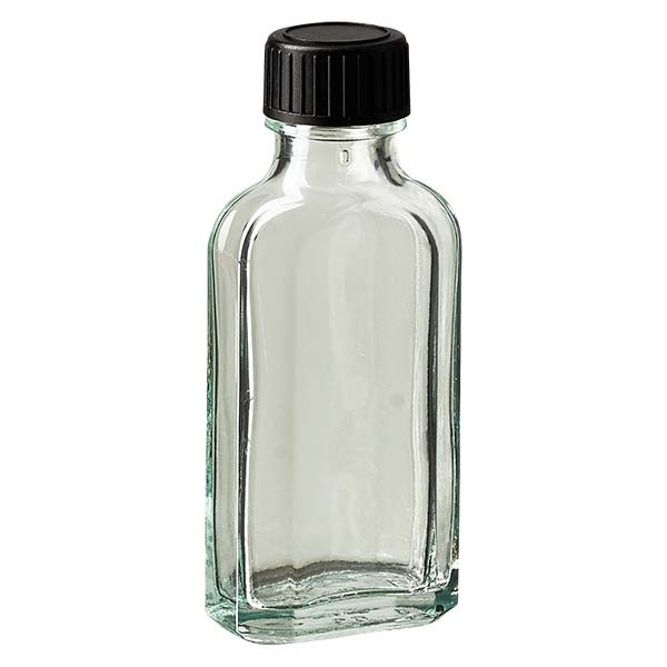 Bottiglia Meplat 50 ml colore bianco con imboccatura DIN 22, tappo a vite DIN 22 colore nero in EPE (